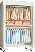 FUTASSI White Clothing Rack with Beige Cover, P1C Rolling Closets with Wheels, Metal Garment Rack for Hanging Clothes, Clothi