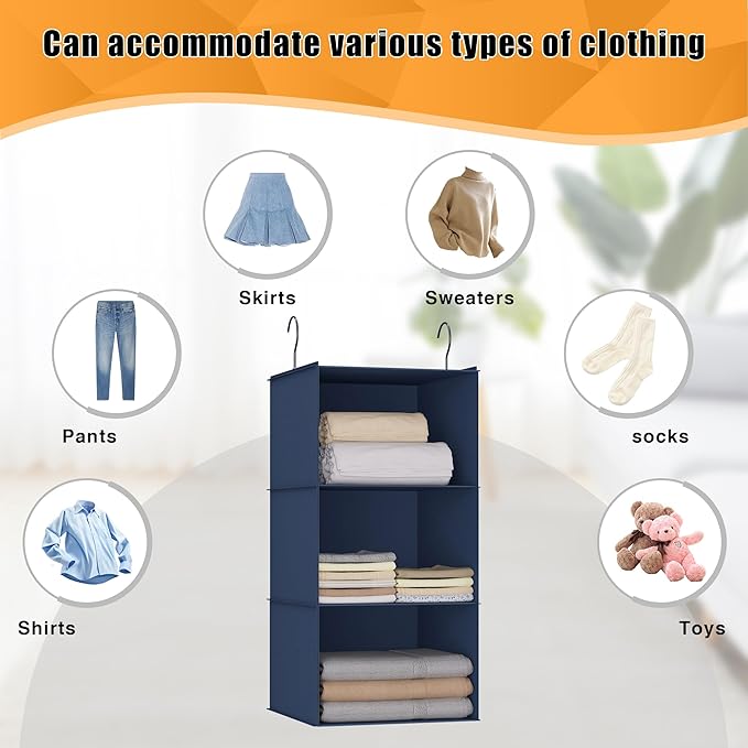 Hanging Closet Organizer - 3-Shelf, Easy Mount Foldable Wardrobe Storage Shelves for Clothes, Handbags, Shoes & Accessories -