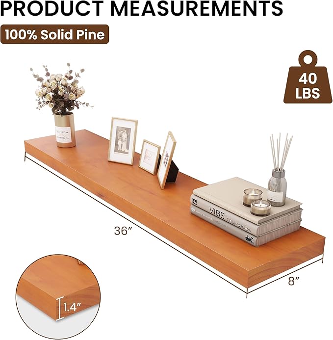 Vivelove Solid Wood Floating Shelves 36 Inches Long, 8”Deep x 1.4” Thick Wall Shelves for Bathroom, Living Room, Kitchen, Bed