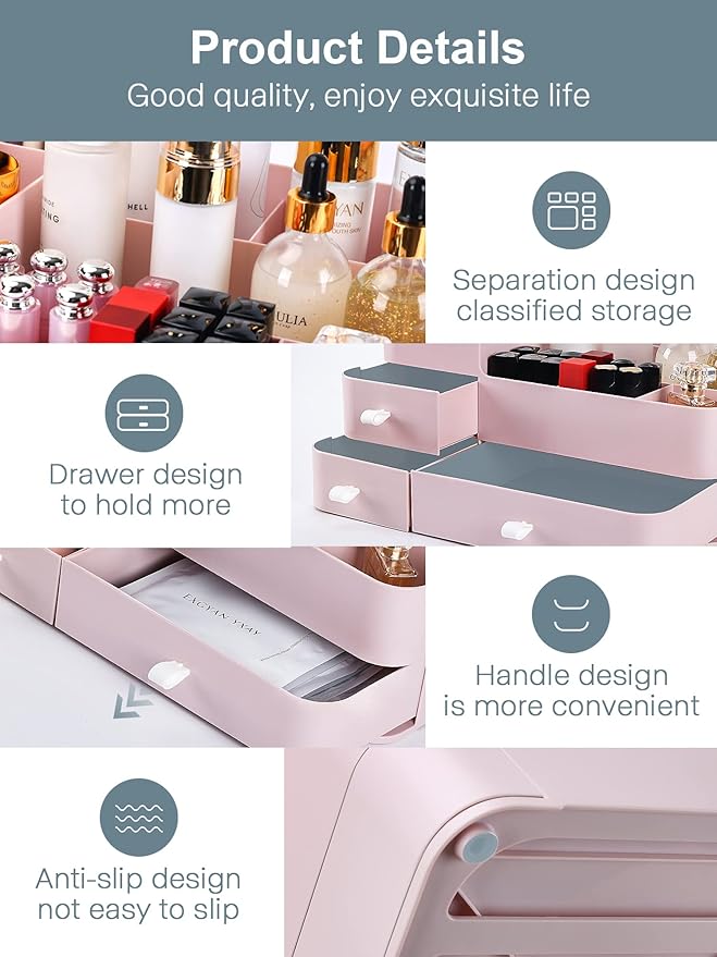ONXE Makeup Organizer with Drawers,Large Capacity Countertop Organizer for Vanity,Bathroom and Bedroom Desk Cosmetics Organiz