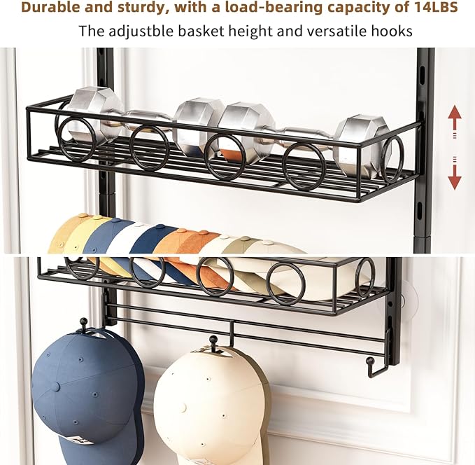 Over Door Hat Organizer 5 Tier Wall Mounted Hat Rack with 4 Adjustable Metal Basket and 3 Hooks Hat Organizer for Baseball ca