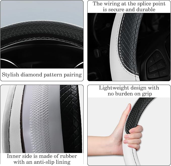 Black & White Car Steering Wheel Cover, Microfiber, Leather Patchwork, Universal 14.5-15 Inch Leather Anti-Slip Breathable Au