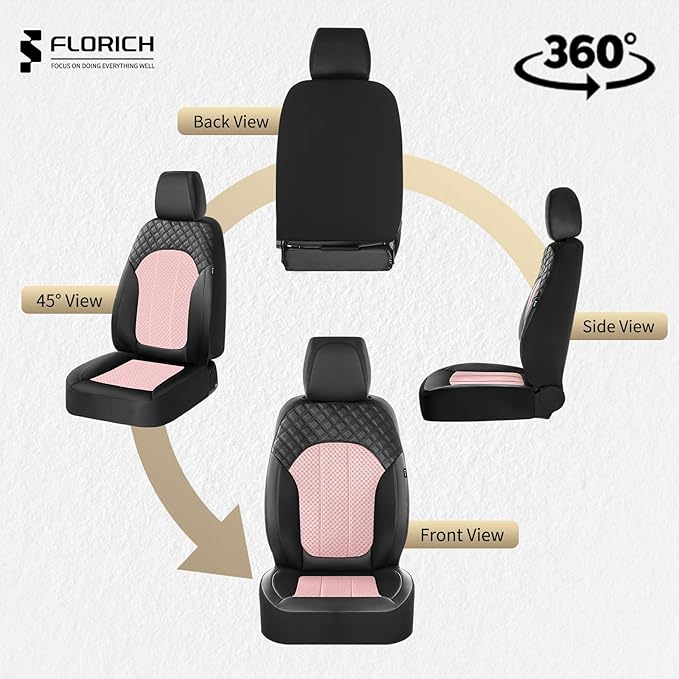FLORICH Pink Car Seat Covers Full Set Leather Mesh Front and Rear Seat Cover Automotive Seat Cushion 5-Seat Driver Seat Cover