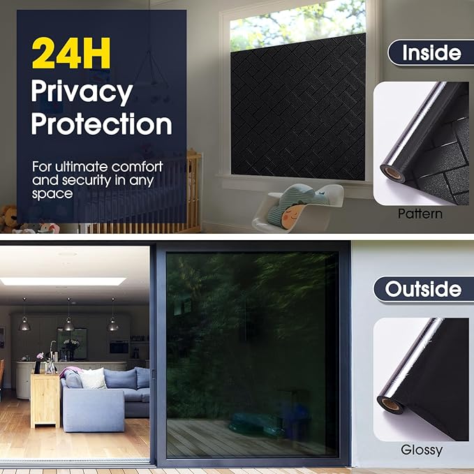Coavas Total Blackout Window Privacy Film 100% Light Blocking & UV Protection, Static Cling Frosted Privacy Cover No Glue Heat Control Room Darkening Shade for Bedroom, Nursery, 45 x 157.5 inches