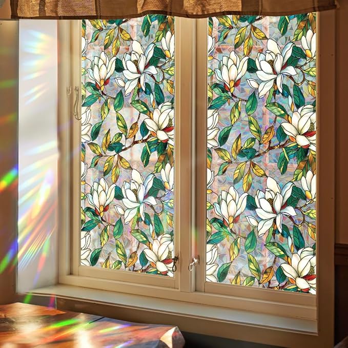 Retro Flower Window Privacy Film,Stained Glass Decals White Mangnolia Privacy Rainbow Decals Living Room Sun Blocking Decor Removable Static Cling Stickers,16.93x39.37inch