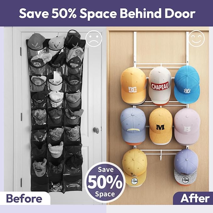 SWTYMIKI Over Door Hat Organizer - 3 Tier Metal Adjustable Wall Mounted Hat Rack with 9 Hooks Design, Hanging Baseball Cap Or