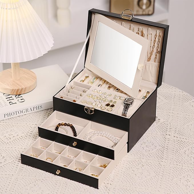 3 Layer Jewelry Boxes for Women with Mirror Large Jewelry Holder Organizer with 2 Jewelry Organizer Drawer PU Lockable Elegan