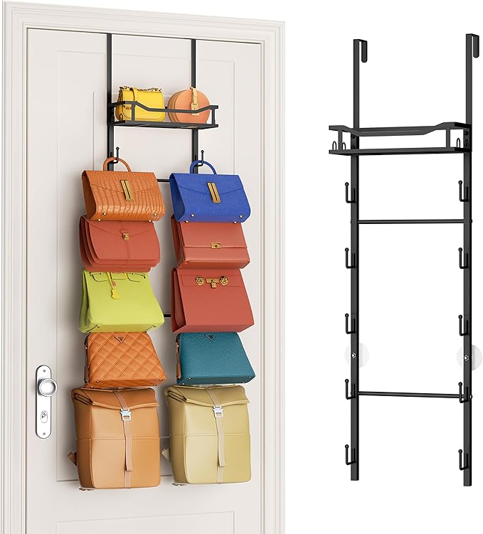 SWTYMIKI Over The Door Purse Organizer - Wall Mounted Purse Rack with 10 Hooks and Metal Basket, Handbag Hanger Organizer Hol
