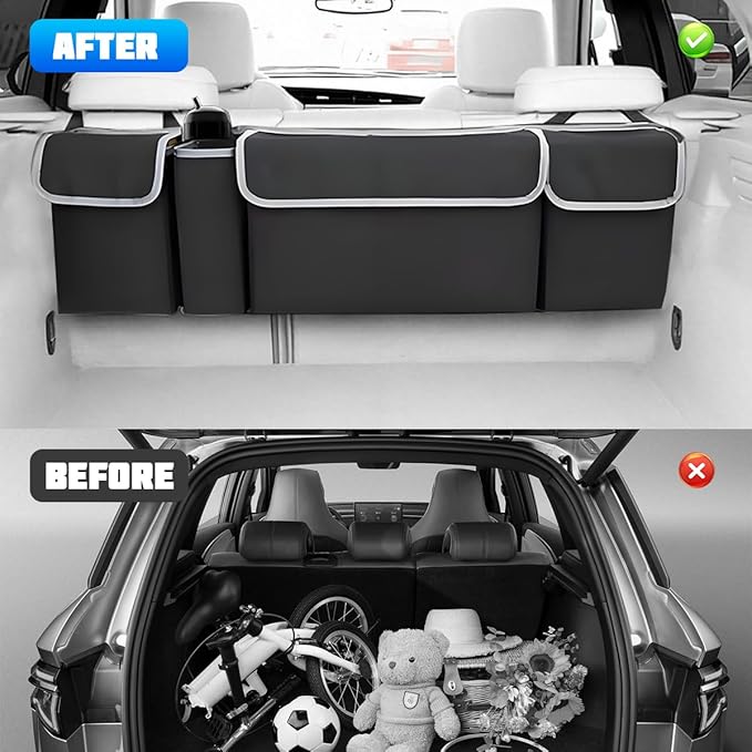 Car Trunk Organizer with Lid, Large Waterproof Vehicle Backseat Hanging Storage Bag with 4 Pockets & Adjustable Straps, Colla