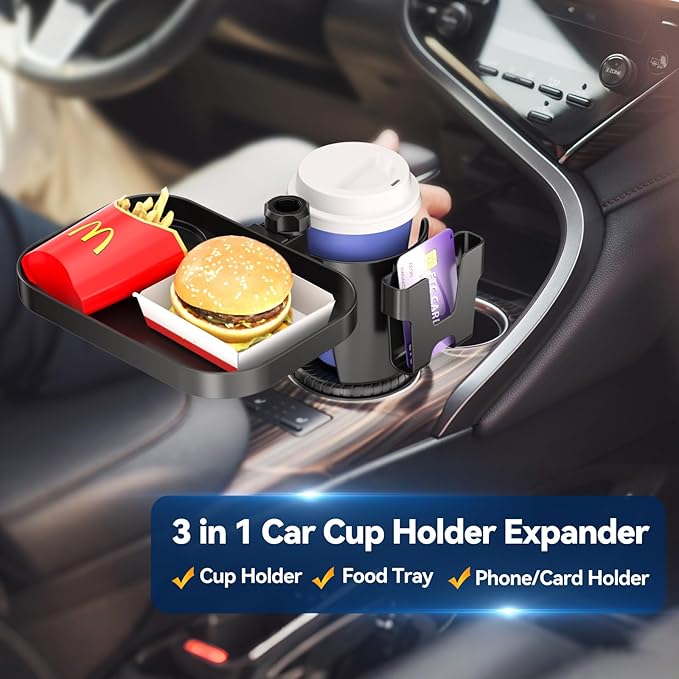 KDD Car Cup Holder Expander - 3 in 1 Cup Holder Adapter with Adjustable Base - Detachable Phone Holder & 360° Rotation Food T