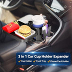 KDD Car Cup Holder Expander - 3 in 1 Cup Holder Adapter with Adjustable Base - Detachable Phone Holder & 360° Rotation Food T