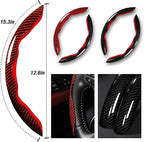 Car Steering Wheel Cover Set Bright Carbon Fiber Wrap Non-Slip 3pcs Steering Wheel Accessories 14.5-15 inch Universal (Red Black)