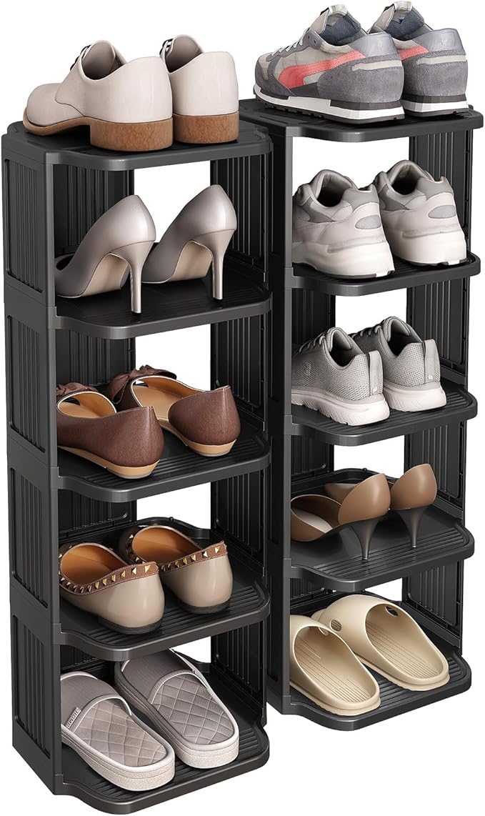 Kitstorack 10 Tiers Stackable Shoe Rack for Closet and Front Door Entrance - Free Standing Plastic Stand, Narrow Tall Vertica