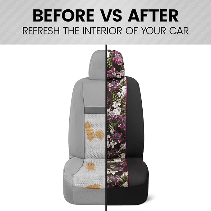 BDK Pink Flower Faux Leather Car Seat Covers for Front Seats, 2 Pack – Floral Pattern with Matching Headrest, Easy Installati