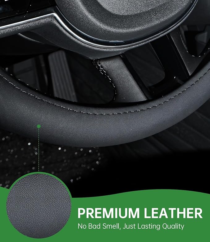 XCBYT Steering Wheel Cover - Green Leather Steering Wheel Wrap Great Grip with 3D Honeycomb Quick and Effortless Installation