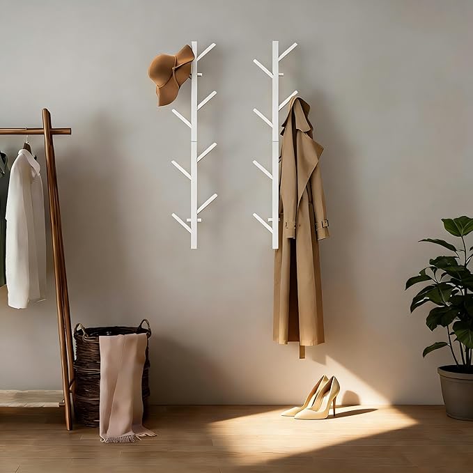 GAWAMAY Modern Vertical Coat Rack Wall Mount Set of 2 (Height33.4), White Metal Corner Wall Mounted Hat Racks Tree, Heavy Dut