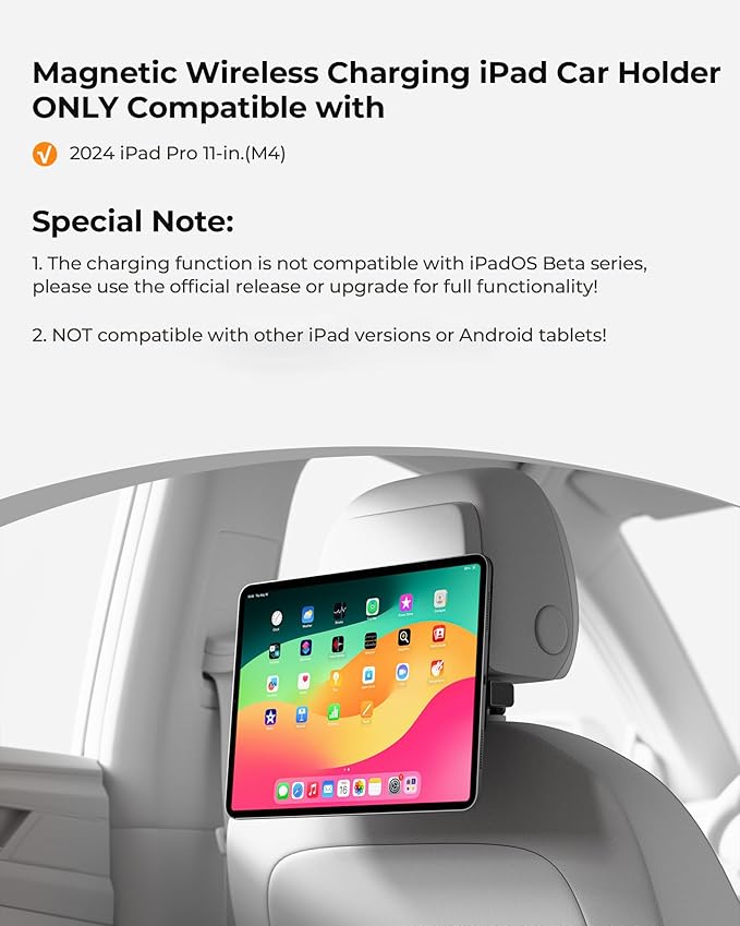 KUXIU Magnetic Wireless Charging Car Headrest Tablet Holder for iPad Pro 11'' M4 [2024]Only, Tablet Car Back Seat Mount for Kids, Road Trip Essentials Trave Holder with Air Vent Stand, 2M USB-C Cable
