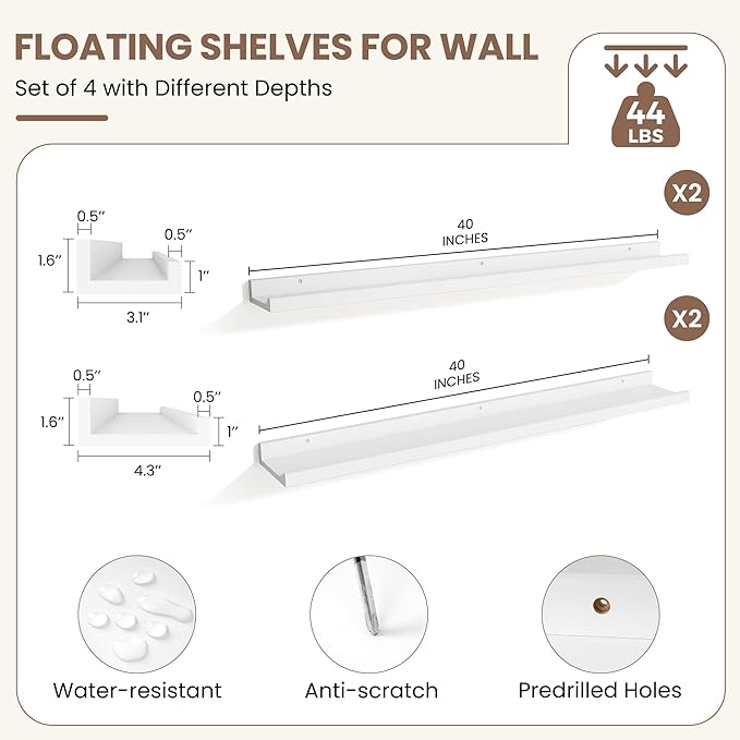 Fun Memories Picture Ledge Shelf, White Floating Shelves Set of 4, 40 Inch Picture Shelves for Wall with Ledge, Large Nursery