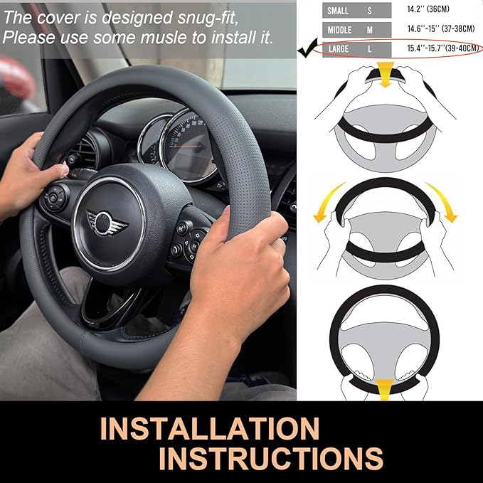 PINCTROT Large Size Nappa Leather Steering Wheel Cover, Slim Fit No Bulk Design, One Piece Leather with Breathable Perforatio