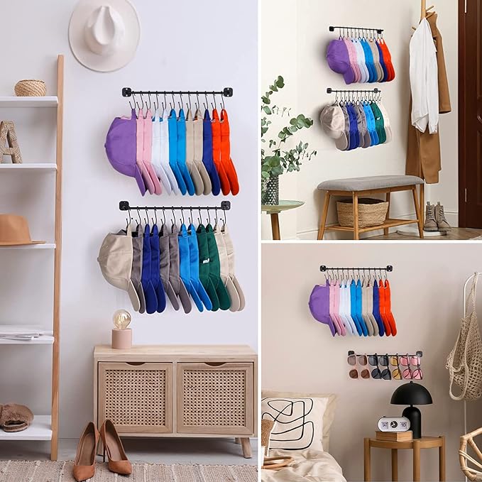 Hat Rack for Wall 24 Baseball Caps, 2 Pack Modern Metal Hat Organizer with 24 Hooks Hat Holder Wall-Mounted Storage Display f