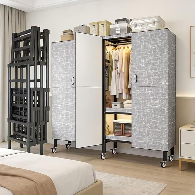 Foldable Portable Wardrobe On Wheels, Freestanding Garment Rack, with Magnetic Door 2000lbs, Heavy Duty Clothes Rack, for Bed