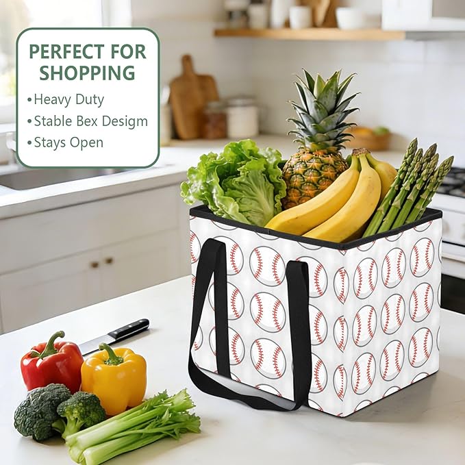 Baseball Reusable Grocery Bags Large Shopping Tote Bag with Reinforced Bottom Board, Water Resistant Foldable Storage Bags fo