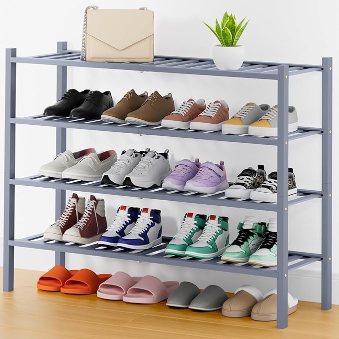 Smiry Shoe Rack, 4 Tier Thick Long Bamboo Shoe Organizer, Stackable Free Standing Wooden Shoe Storage Shelf for Closet, Entry