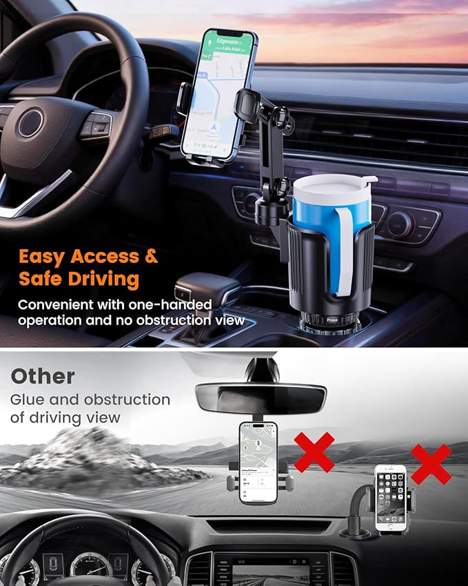 Cup Phone Holder for Car with Expandable Base, Upgraded 2 in 1 Hands Free Cellphone Holder Cupholder Car Mount, Stable Retrac