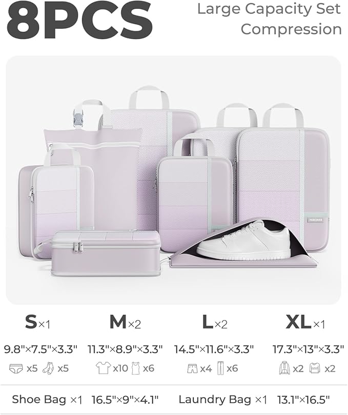 Percover Compression Packing Cubes 8-Piece Set, Packing Cubes Compression for Travel with Laundry Bag & Shoe Bag, Travel Orga