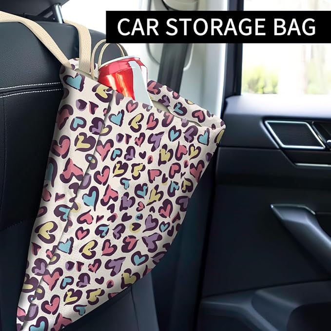 Car Trash Can, Cute Car Trash Bag, Hanging Car Organizer and Storage Bag, Trash Bin for Car Accessories, Vehicle, Travelling, Camping Colorful Heart Leopard