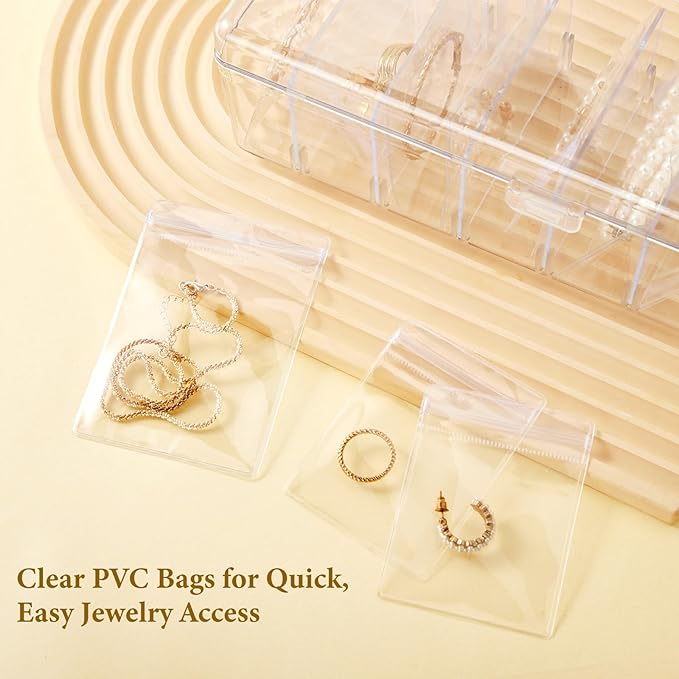 KAMJUNTAR Acrylic Jewelry Box Organizer, Clear Jewelry Organizers and Storage Box with 60 Portable Anti Tarnish Bags, Travel 