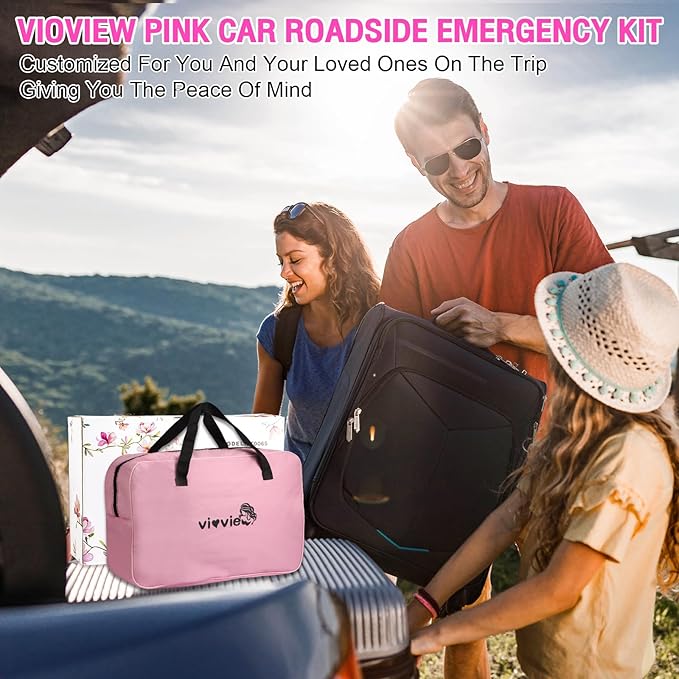 Roadside Emergency Car kit for Vehicles, with 4 in 1 Inflatable Car Vacuum Cleaner, Pink Jumper Cables, First Aid Kit, Tow Ro