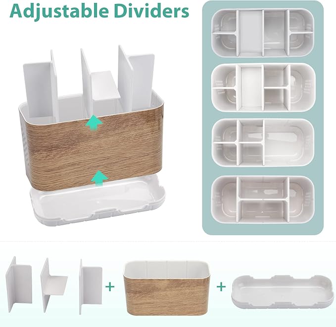 Boperzi Toothbrush and Toothpaste Holder Wood Grain for Bathroom Countertop with Adjustable Dividers, Toothpaste Caddy Organi
