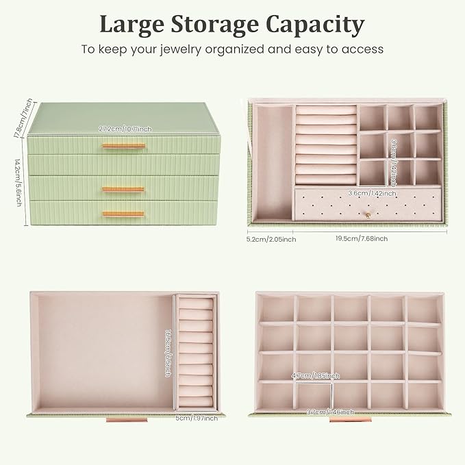 Dajasan Jewelry Box Organizer, 3-Tier Jewelry Storage with 2 Drawers, Large Jewelry Boxes for Women, PU Leather Surface with 