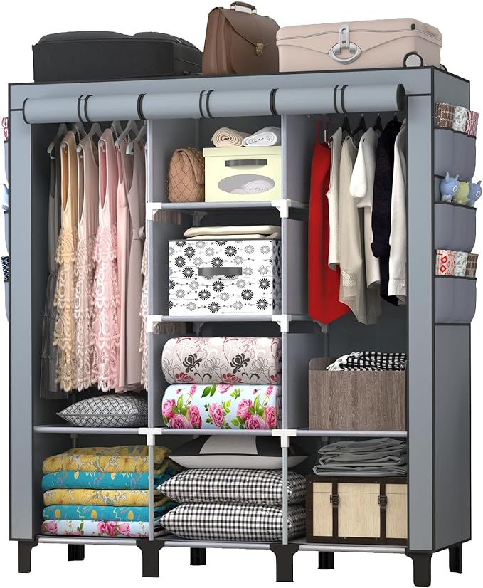 Portable Wardrobe with 10 Storage Racks and 2 Hanging Poles, 6 Side Pockets Non-Woven Cover, Size 130 x 45 x 172 cm, Bedroom 