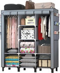 Portable Wardrobe with 10 Storage Racks and 2 Hanging Poles, 6 Side Pockets Non-Woven Cover, Size 130 x 45 x 172 cm, Bedroom 