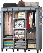 Portable Wardrobe with 10 Storage Racks and 2 Hanging Poles, 6 Side Pockets Non-Woven Cover, Size 130 x 45 x 172 cm, Bedroom 