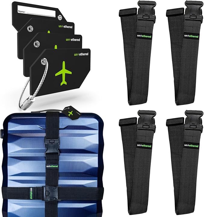 Untethered Ultimate Travel Set: 4 Premium Luggage Straps and 4 Silicone Tags - Secure & Identify Your Bags with Ease (Black +