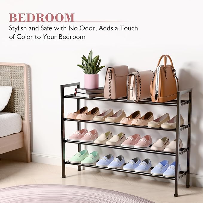 Bumusty 4-Tier Expandable Shoe Rack for Closet, 18“-33” Adjustable Shoe Rack for Small Space, Small Shoe Organizer for Front 