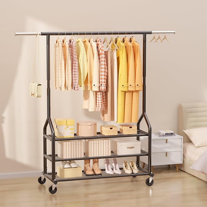 EAGMAK Heavy Duty Clothes Rack Load 556 LBS, Rolling Clothing Rack With 3 Shelves, Adjustable Metal Clothes Hanger with Wheel