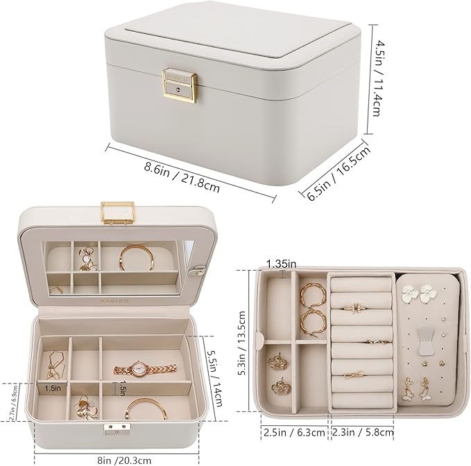 KAMIER Jewelry Box, 2 Layers PU Leather Jewelry Organizer Box, Large Capacity, Double Lock and Large Mirror, Hidden Necklace 