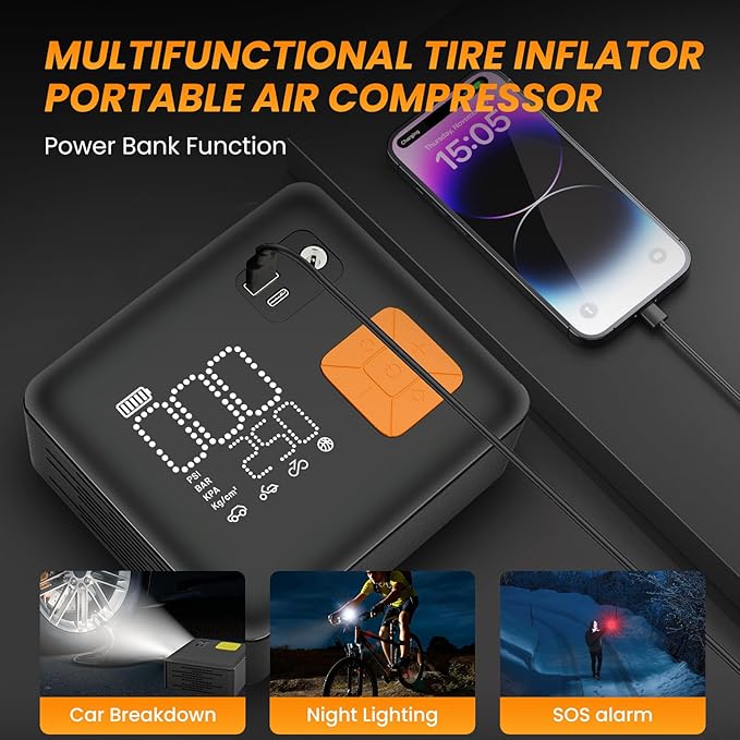 Portable Tire Inflator, 150PSI Fast & Cordless Air Compressor for Car Tires, Heavy Duty Portable Air Pump with LED Light, Digital Gauge, Auto Shut Off for Bikes, Motorcycles, Inflatables