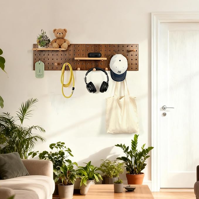 Brown Wood Pegboard Modular Display Wooden Pegboard Combination Wall Organizer Storage Wall Hooks Shelf for Home, Office, Bat