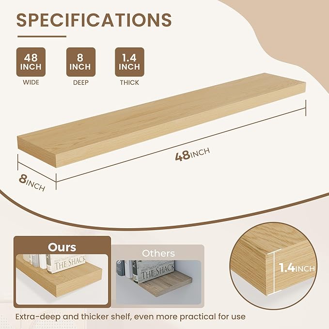 Dreamland 48 Inches Floating Shelves for Wall, 8" Deep Long Floating Shelves Set of 1, Large Display & Storage Shelf, Wall Sh