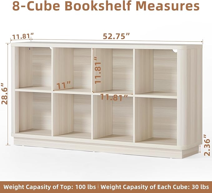 Joaxswe 8 Cube Storage Bookcase, 52" Long Horizontal Book Shelf w/Curved Edge, Wood Low 2-Tier Cubby Console Bookshelf with B