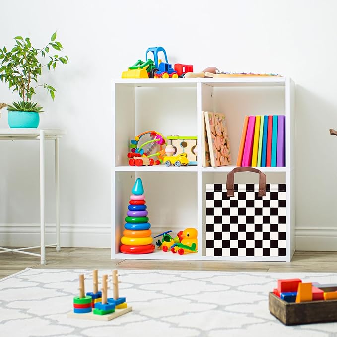 Checkered Storage Basket Waterproof Canvas Toy Storage Bin Race Car Room Decor Collapsible Outdoor Basket with Leather Handle