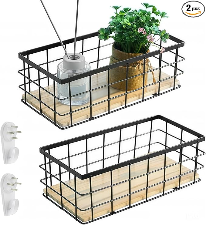 Small Metal Wire Basket for Wall Mount 2 PCS - Metal Wire Storage Basket Wood Base, Toilet Paper Basket, Wall Hanging Wire St