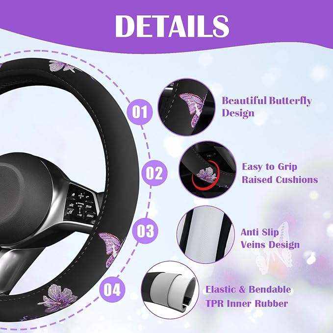 CAR PASS Butterfly Steering Wheel Cover and Waterproof Car Floor Mats,Purple Car Mats 14.5-15inch Steering Wheel Covers Unive