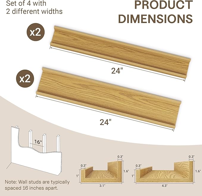 Fun Memories Picture Ledge Shelf - 24 Inches Floating Shelves Set of 4 - Floating Shelves with Lip for Storage - Wood Bookshe