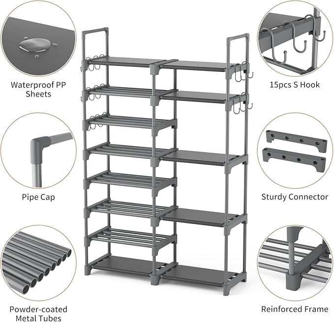 ROJASOP Shoe Rack, Shoe Storage Organizer for Closet Entryway Garage Bedroom, 8 Tier Tall Metal Shoe Shelf for 26-32 Pairs Bo